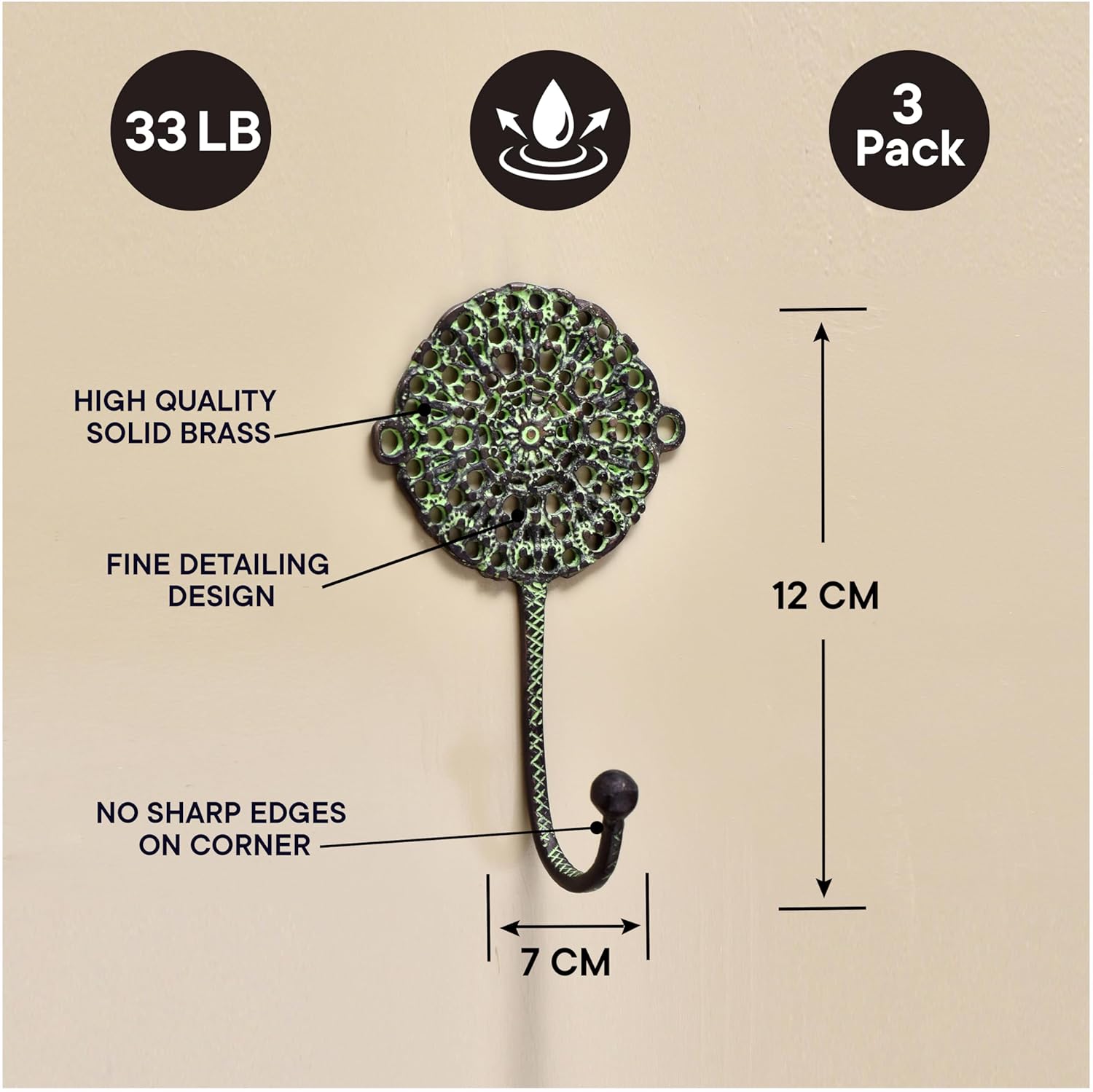 3 Pieces Brass Antique Wall Hooks for Hanging