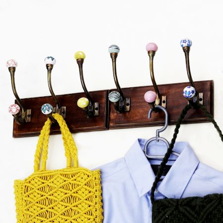 Decorative Multicolor Ceramic Iron Wooden Wall Hooks (Pack of 2)