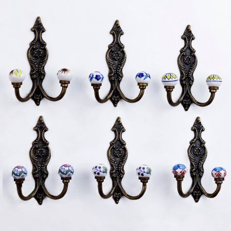 Handmade Multicolor Ceramic Iron Wall Hooks 6 Pieces