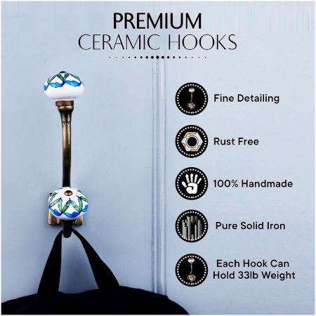 Decorative Ceramic Iron Heavy Duty Wall Hooks Pack of 6