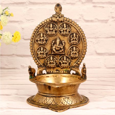 Vintage Brass Lakshmi Ganesha Oil Lamp in South Indian Art