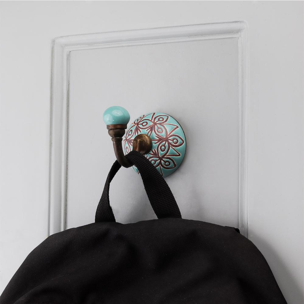 Sea Green And Brown Etched Ceramic Wall Hook