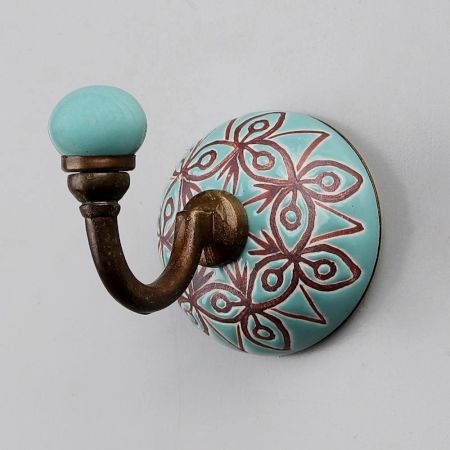 Sea Green And Brown Etched Ceramic Wall Hook