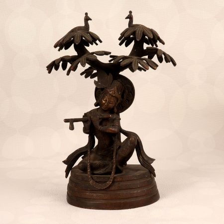 Handmade Brass Statue of Lord Krishna Playing Flute for Prayer Room