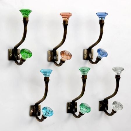 Handmade Multicolor Glass Iron Wall Hooks 6 Pieces