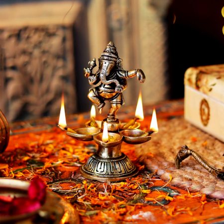 Brass Dancing Ganesha Five Wicks Oil Lamps Or Diyas