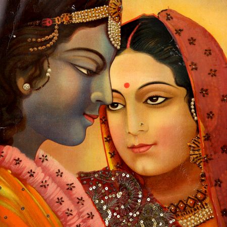 Vintage Paper Print of Radha Krishna in Frame for Decor