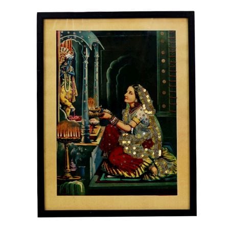 Vintage Paper Print of Lord Krishna Worshipped by Meera