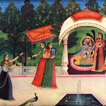 Vintage Paper Print of Radha Krishna in Wooden Frame