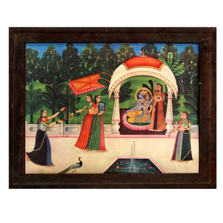 Vintage Paper Print of Radha Krishna in Wooden Frame
