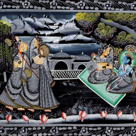 Radha Krishna with Gopies Cloth Painting for Prayer Room