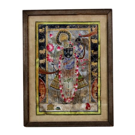 Vintage Paper Painting of Lord Krishna with Cow in Frame
