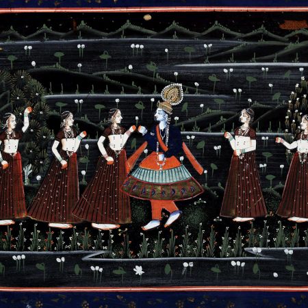 Vintage Cloth Painting of Lord Krishna with Gopies from Rajasthan