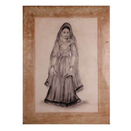 Vintage Fine Pencil Sketch Painting of Lady for Hanging