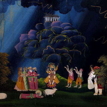 Vintage Paper Painting of God Lifting Govardhan Mountain