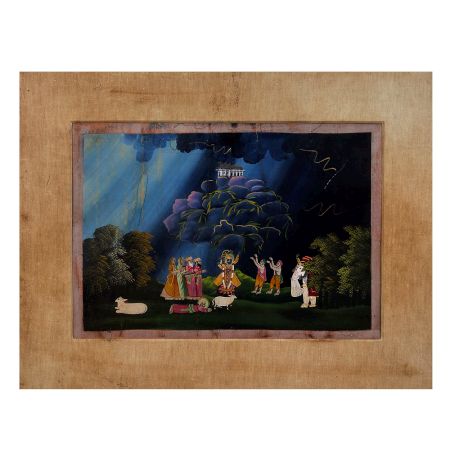Vintage Paper Painting of God Lifting Govardhan Mountain