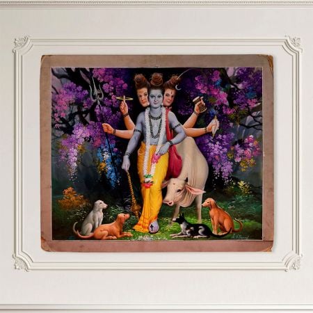 Vintage Calendar Art Painting of Hindu God for Prayer Room