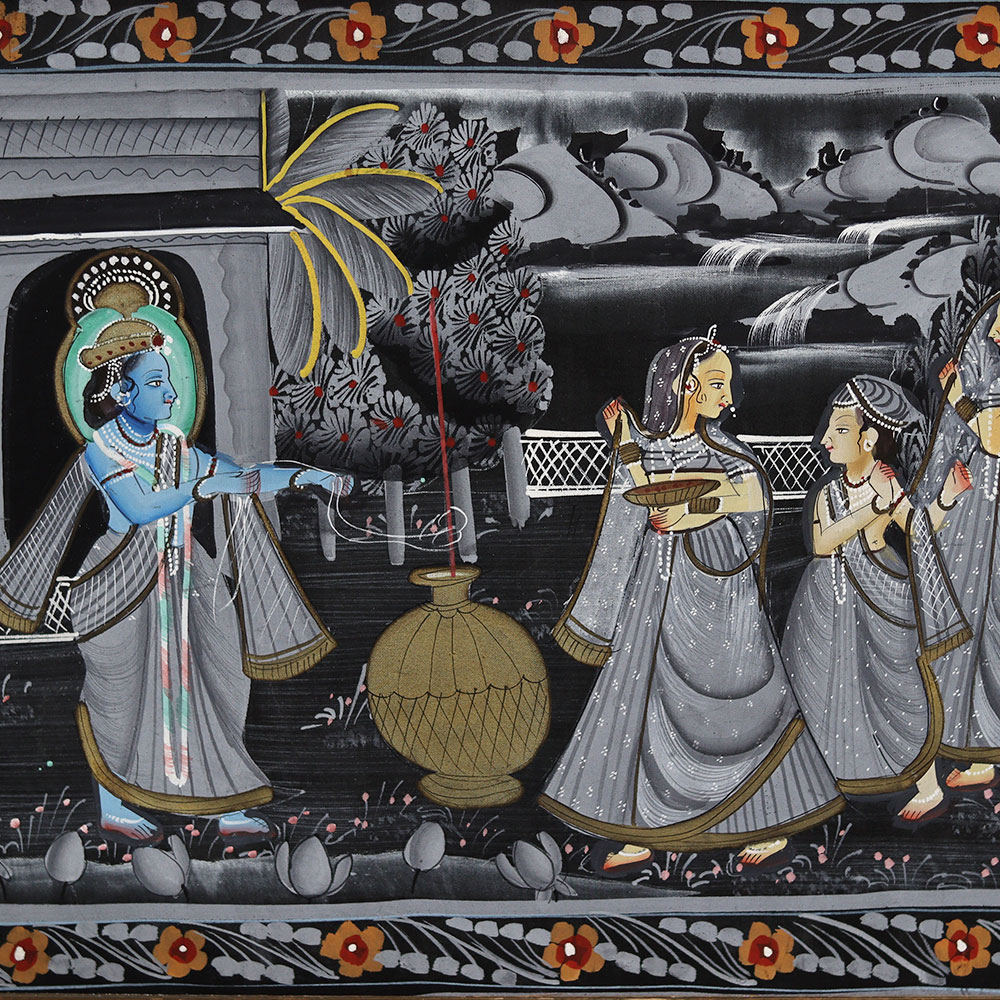 Vintage Lord Krishna with Gopies Cloth Painting for Decor