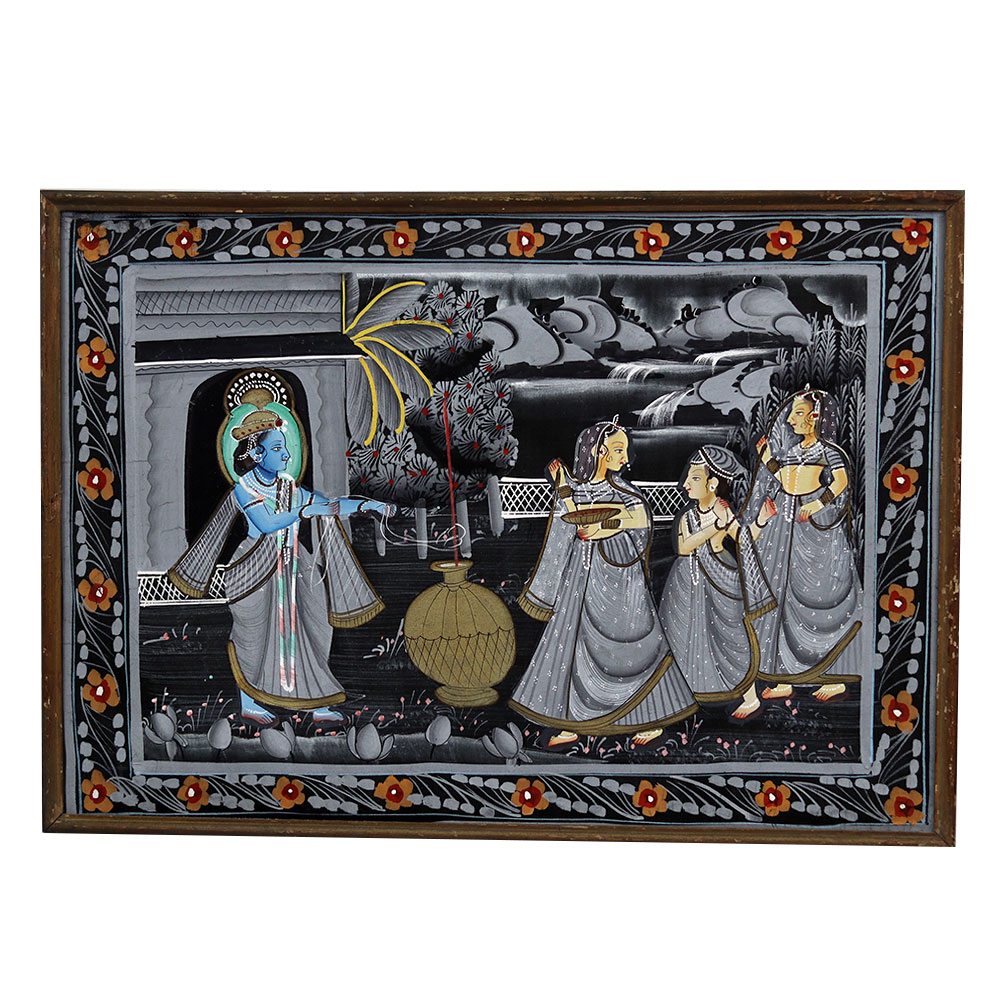 Vintage Lord Krishna with Gopies Cloth Painting for Decor