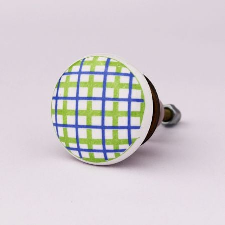 Green Blue Check Print Ceramic Knob