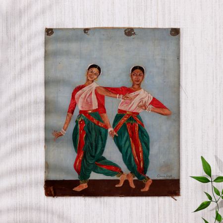 Vintage Cloth Painting of Two Dancing Ladies for Hanging
