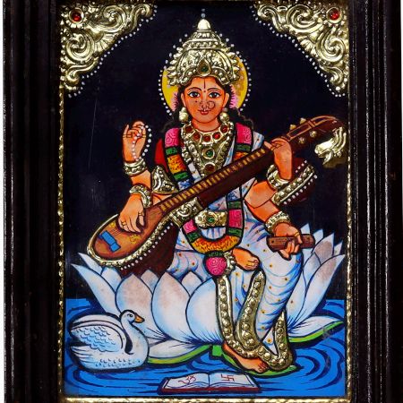 Tanjore Painting of Goddess Saraswati in Wooden Frame