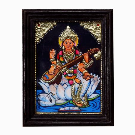 Tanjore Painting of Goddess Saraswati in Wooden Frame