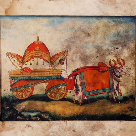 Hand Painted Vintage Paper Painting of Ox Cart in Wooden Frame