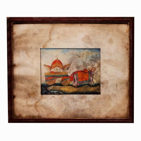 Hand Painted Vintage Paper Painting of Ox Cart in Wooden Frame