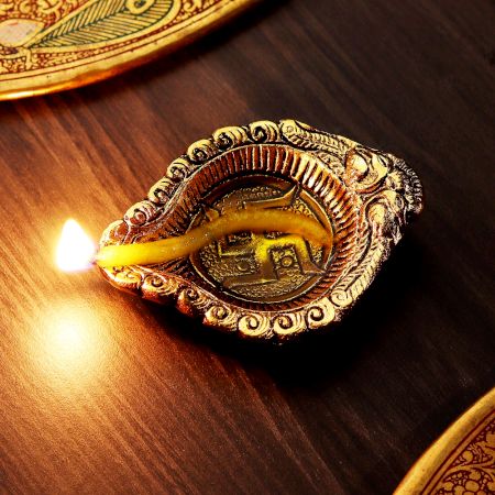 Golden Aluminium Swastika Oil Diya For Mandir Decoration