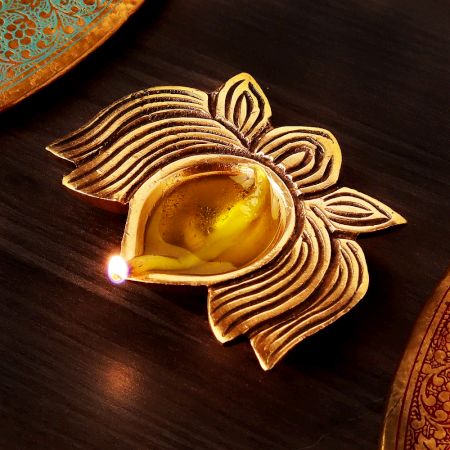 Modern Golden Brass Lotus Flower Diwali Diya Lamp Festival Decoration