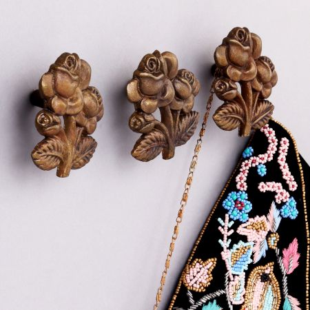 Modern Antique Rose With Branch Iron Wall Hooks-3 Pieces