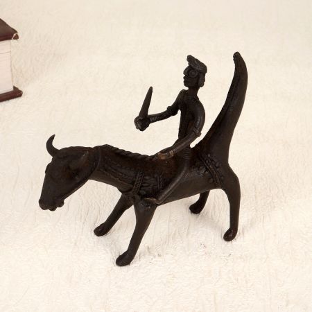 Dark Finish Brass Bull with Rider for Decor in Tribal Art