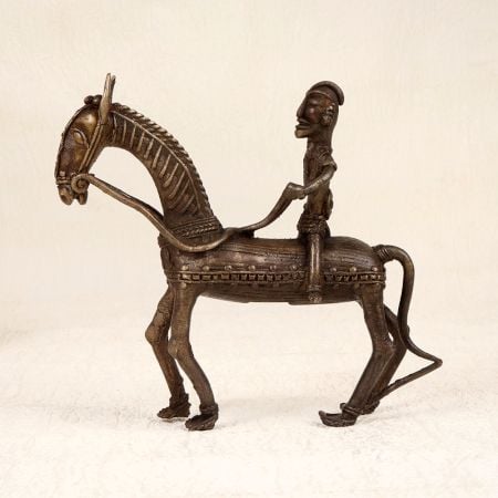 Antique Brown Tribal Art Horse with Rider Made of Brass