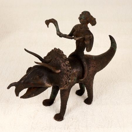 Dark Finish Handmade Brass Triceratops with Rider in Tribal Art
