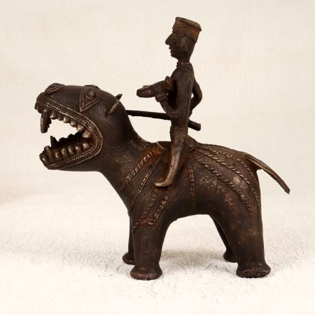 Handmade Vintage Brass Hippopotamus with Rider in Tribal Art