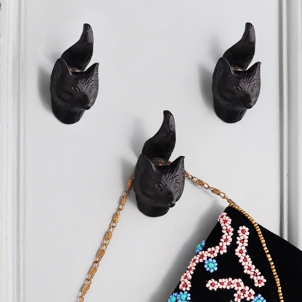 Modern Decorative Black Fox Face Iron Wall Hooks-3 Pieces