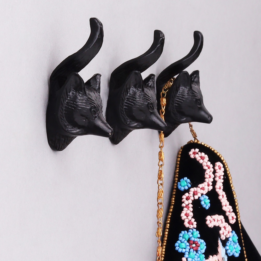 Modern Decorative Black Fox Face Iron Wall Hooks-3 Pieces