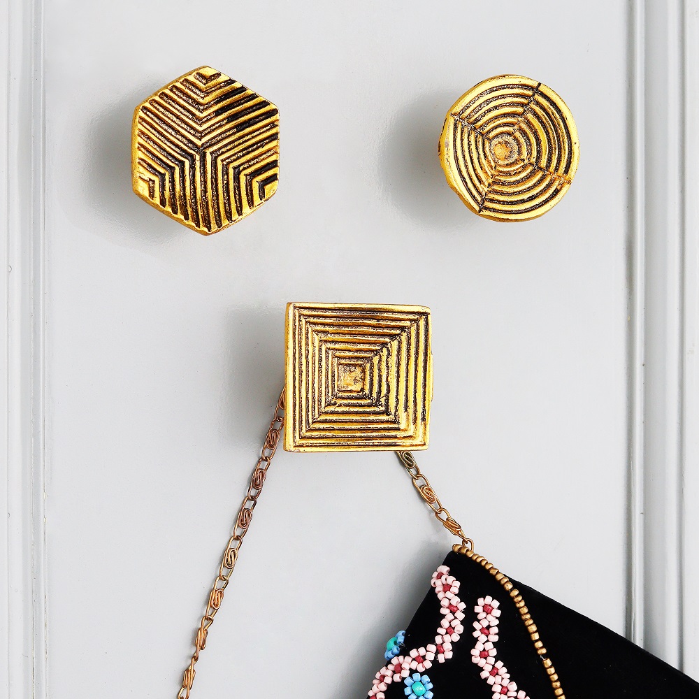 Modern Antique Golden Aluminium Wall Hooks-3 Pieces