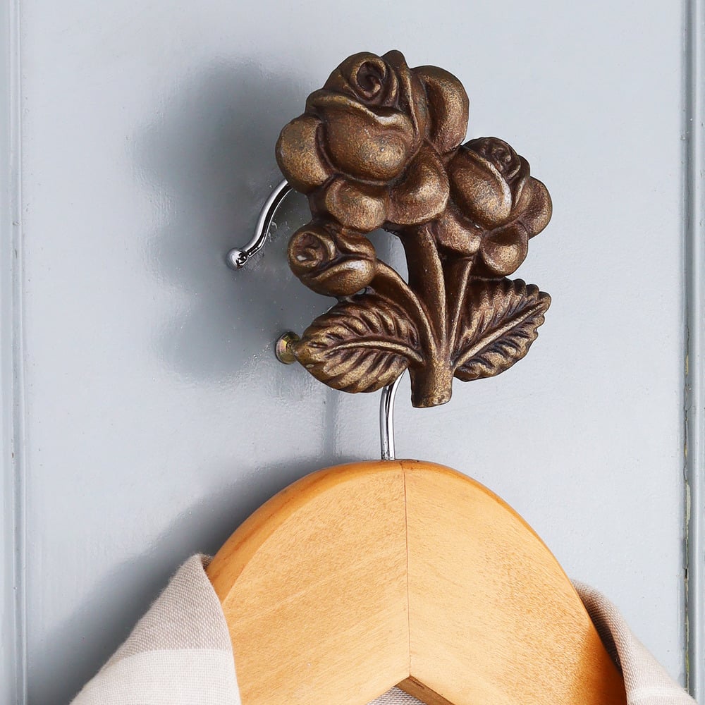 Modern Antique Rose With Branch Iron Wall Hooks-3 Pieces