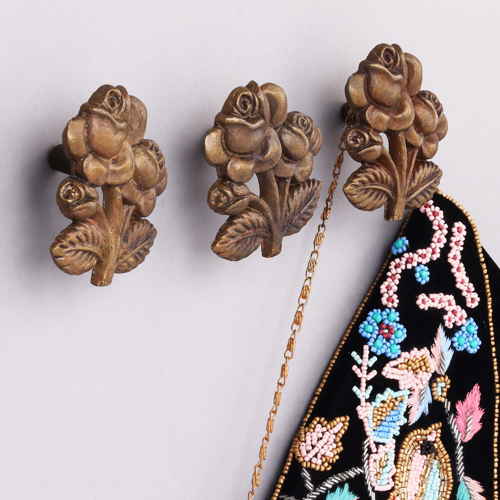 Modern Antique Rose With Branch Iron Wall Hooks-3 Pieces