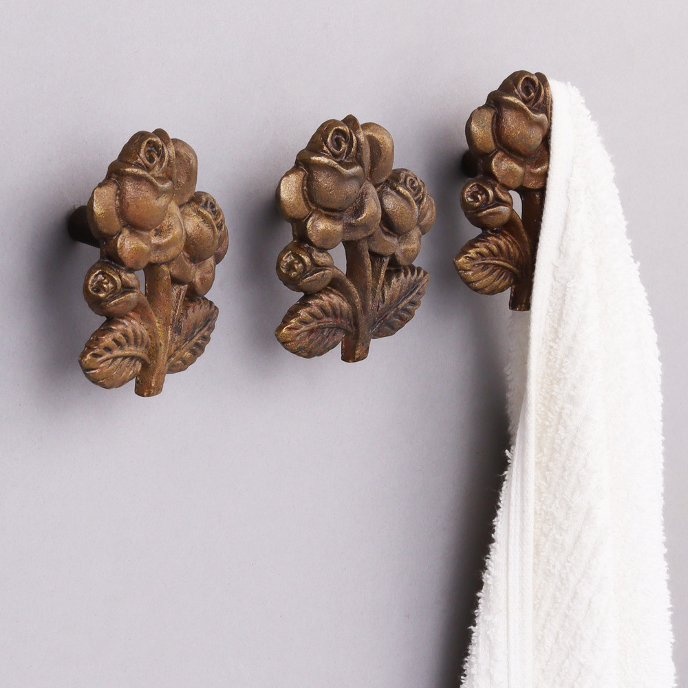 Modern Antique Rose With Branch Iron Wall Hooks-3 Pieces
