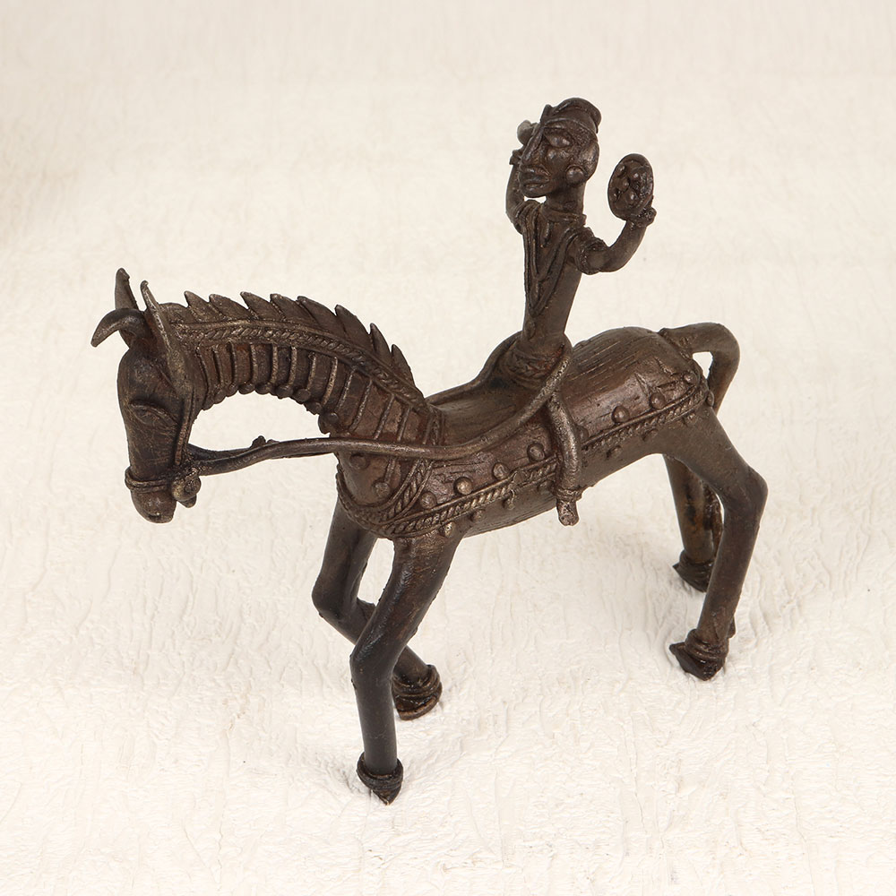 Vintage Tribal Art Brass Horse with Rider for Home Decoration