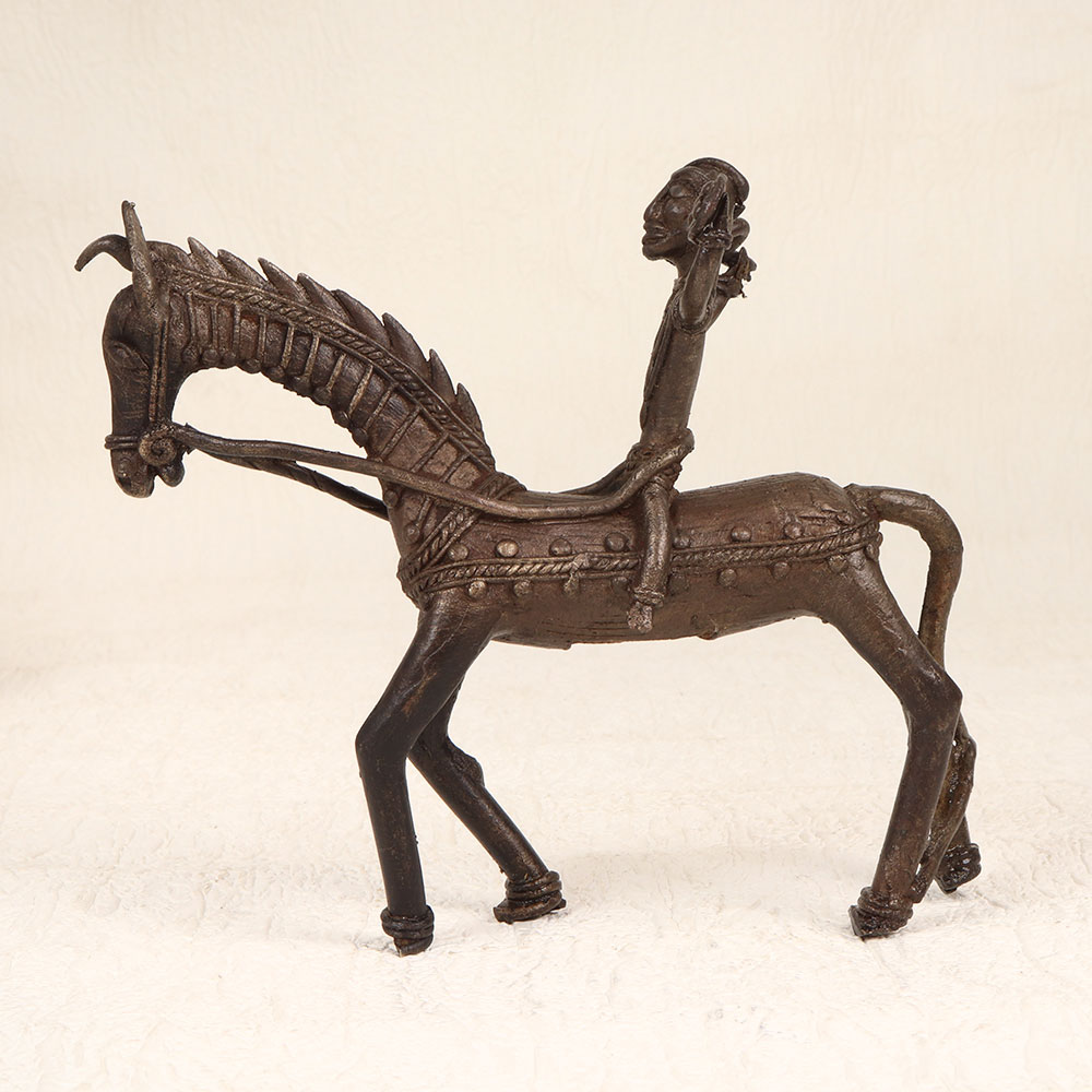 Vintage Tribal Art Brass Horse with Rider for Home Decoration