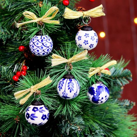Round Blue and White Balls Ceramic Christmas Ornaments-Pack of 12