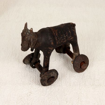 Handmade Brass Statue of Bull on Wheels from Central India