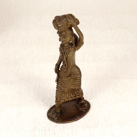 Tribal Art Brass Statue of Lady Carrying Crop for Decoration