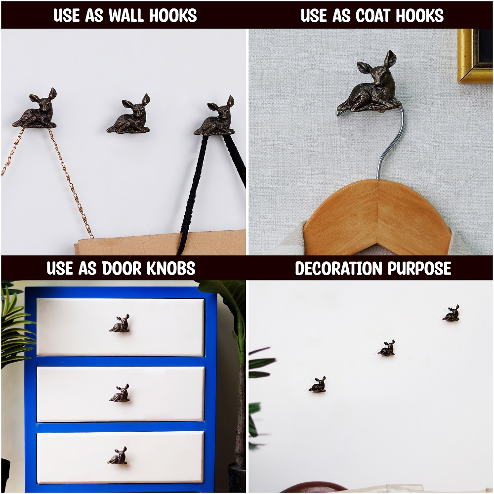 Handmade Antique Fawn Wall Hooks Pack of 3