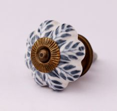 White Base Grey Leaf Ceramic Floral Melon Drawer Knob