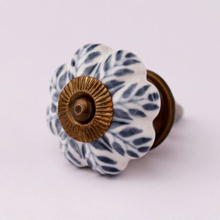 White Base Grey Leaf Ceramic Floral Melon Drawer Knob